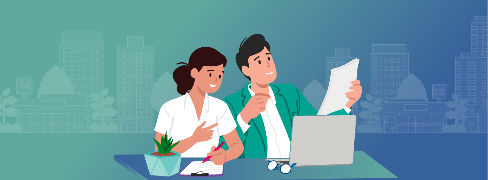 Ilustración de mujer y hombre revisando reportes