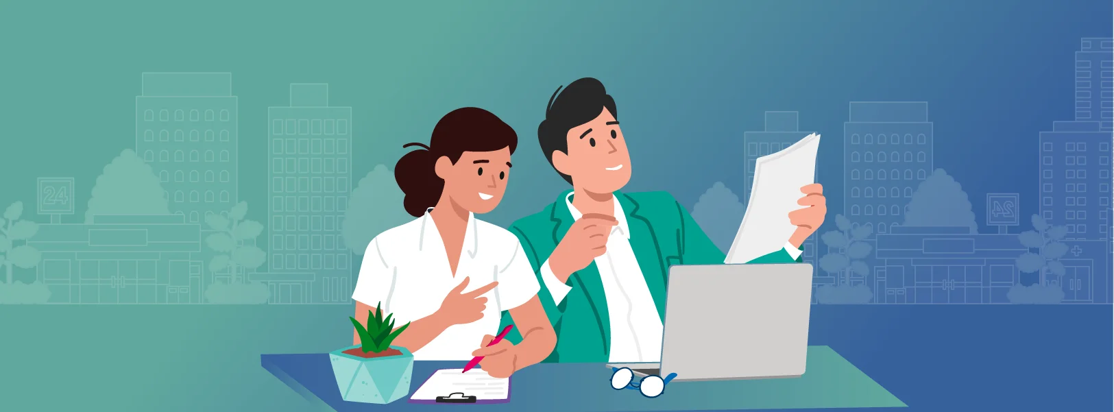 Ilustración de mujer y hombre revisando reportes