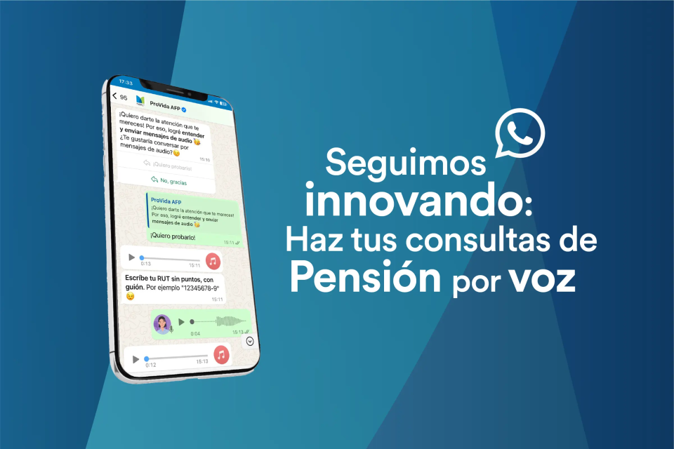 Banner que muestra un chat de conversación  de WhatsApp y al lado tiene un texto promocional de las consultas de pensión por voz
