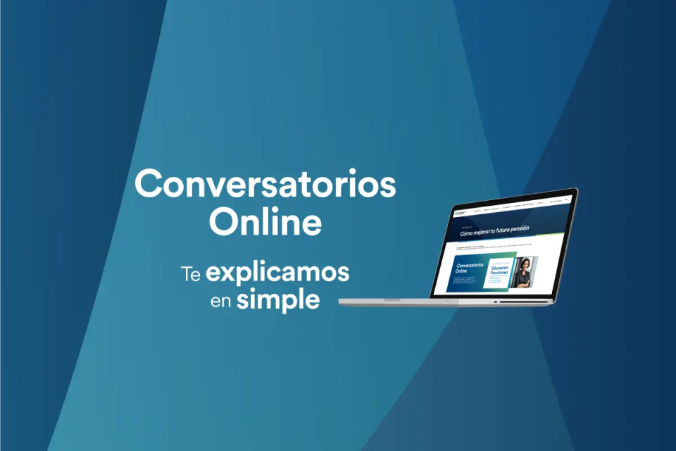 Banner con un notebook y al lado izquierdo el texto: Conversatorios Online. Te explicamos en simple 